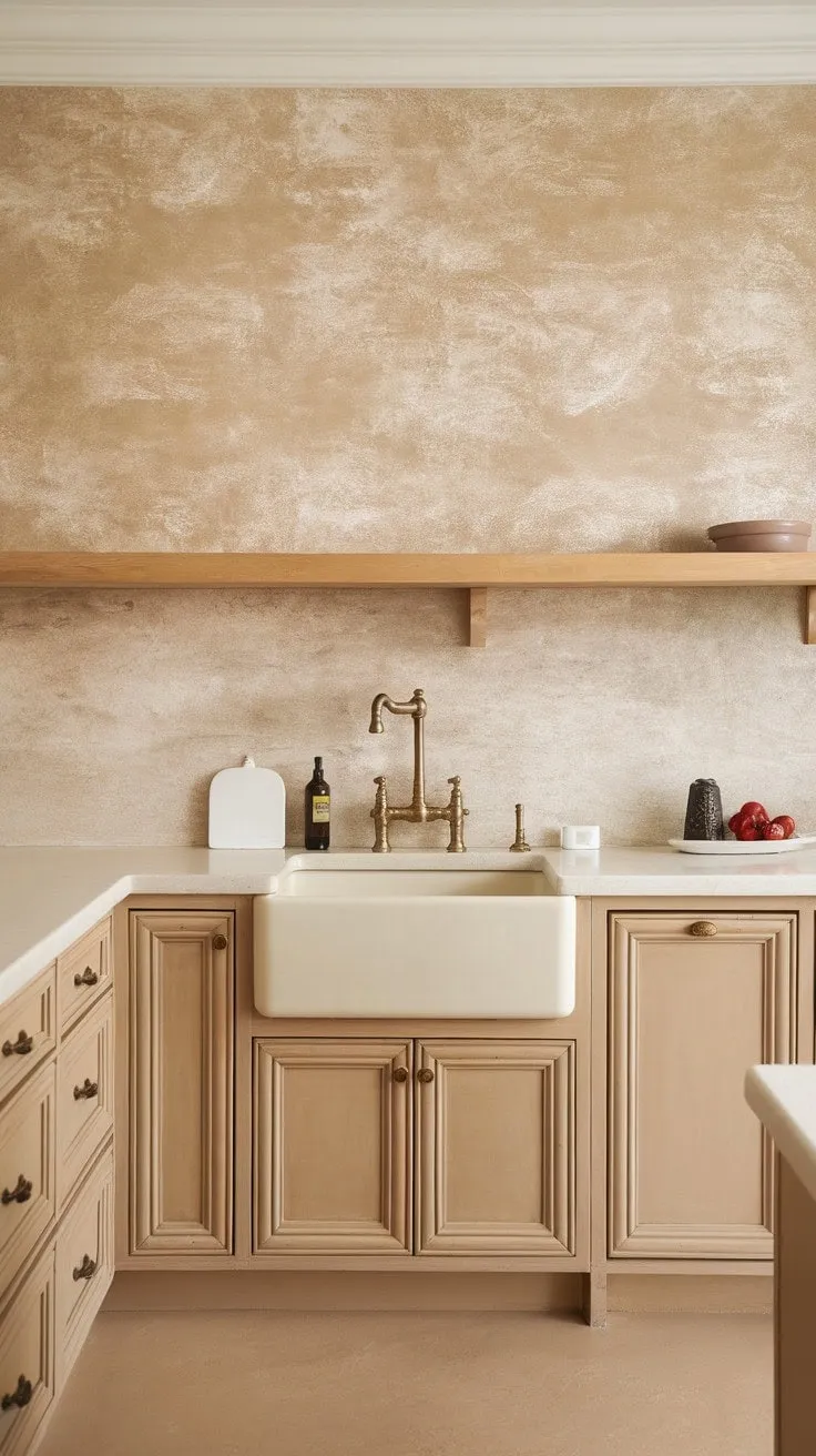 This kitchen elegantly blends textured beige and grey hues with warm wood accents, embodying a serene yet sophisticated farmhouse aesthetic.