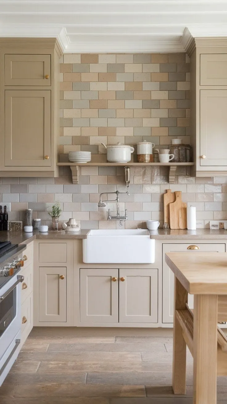 This sophisticated yet inviting kitchen, featuring a soothing greige backsplash and warm tan-and-white cabinetry, is the ideal backdrop for culinary creativity and cherished gatherings.