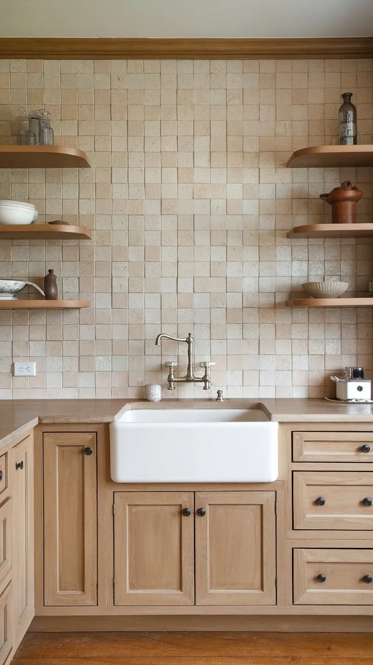 This kitchen showcases a neutral backsplash with beige tiles that beautifully complements the tan cabinets and light wood accents, creating a perfect backdrop for farmhouse-inspired decor.