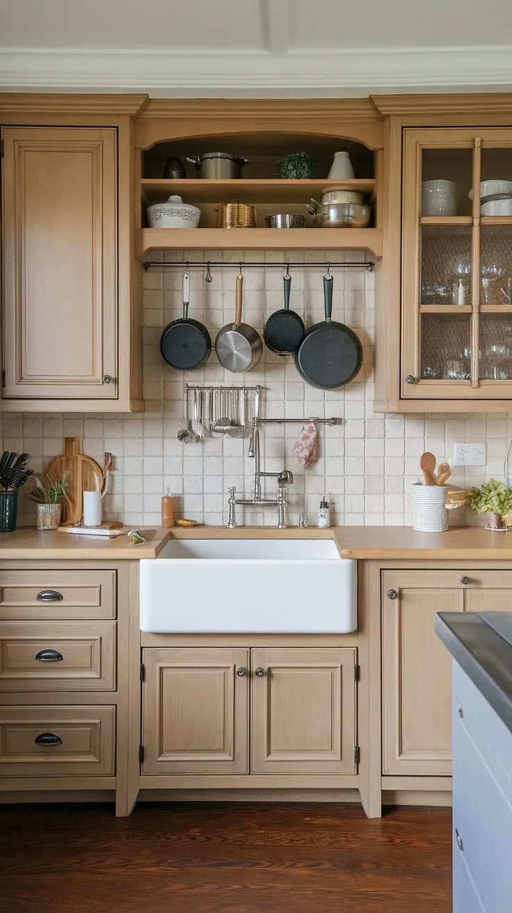 The tiled splash back in this kitchen enhances the charm of the tan cabinets and light wood accents, making it a perfect example of stylish backsplash ideas for white and maple cabinets.
