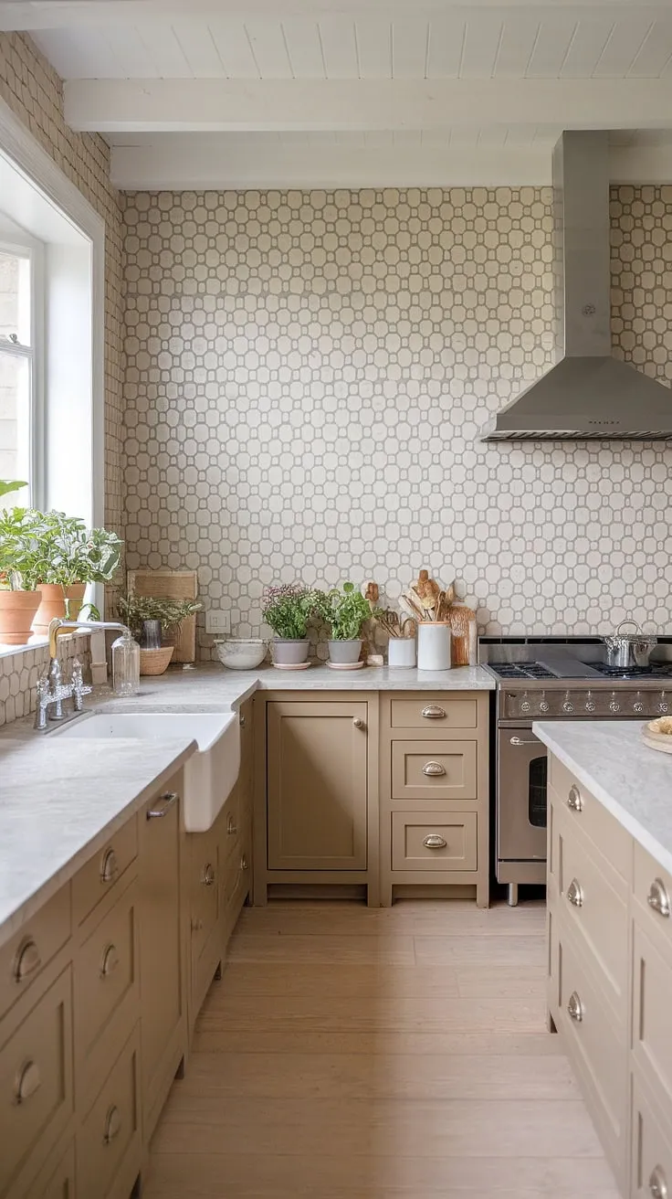 The inviting kitchen showcases a stylish neutral backsplash paired with tan cabinets and light wood floors, enhanced by a white farmhouse sink and a cozy rustic ambiance.