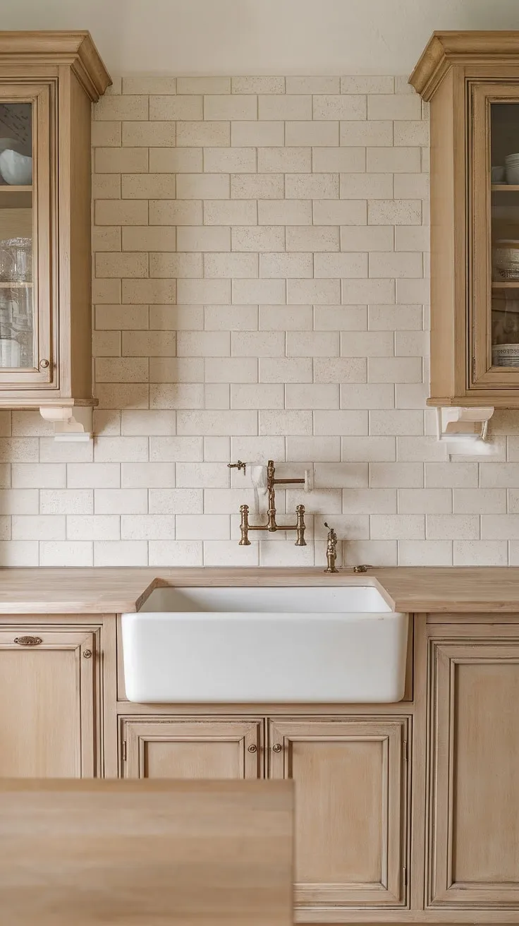 This rustic kitchen features a neutral backsplash of white patterned tiles that beautifully complements the tan distressed cabinets and light wood countertop, creating a warm farmhouse aesthetic.