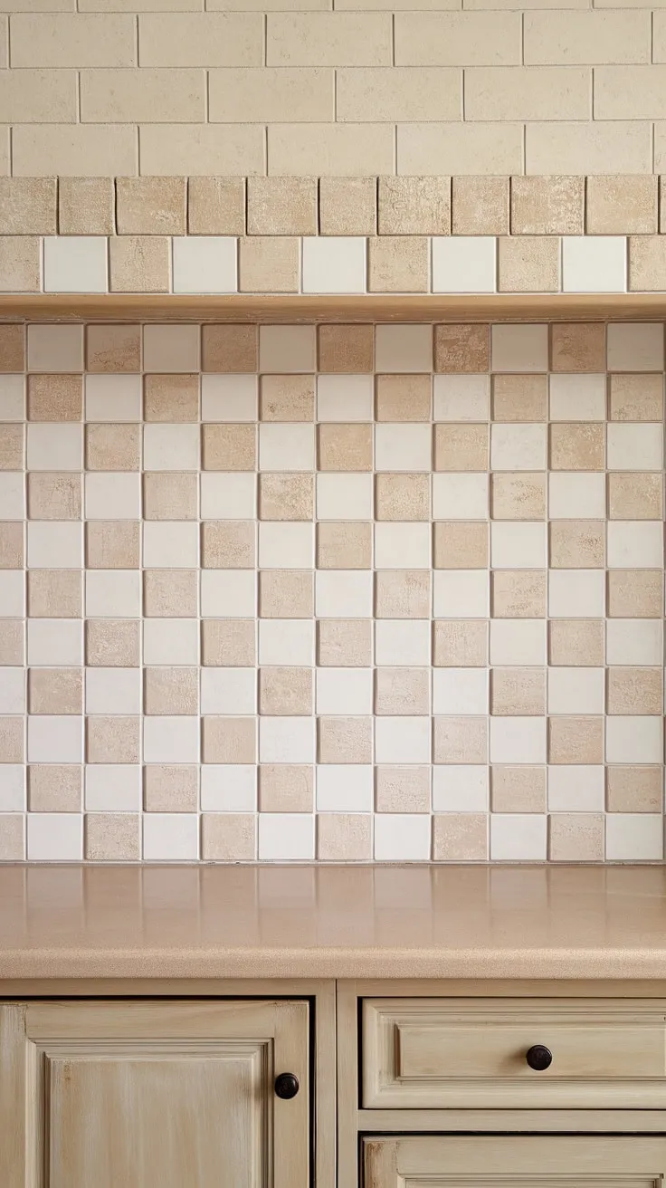 The beige and white tiled backsplash in this neutral kitchen enhances the farmhouse aesthetic while harmonizing with the tan and light wood cabinets.