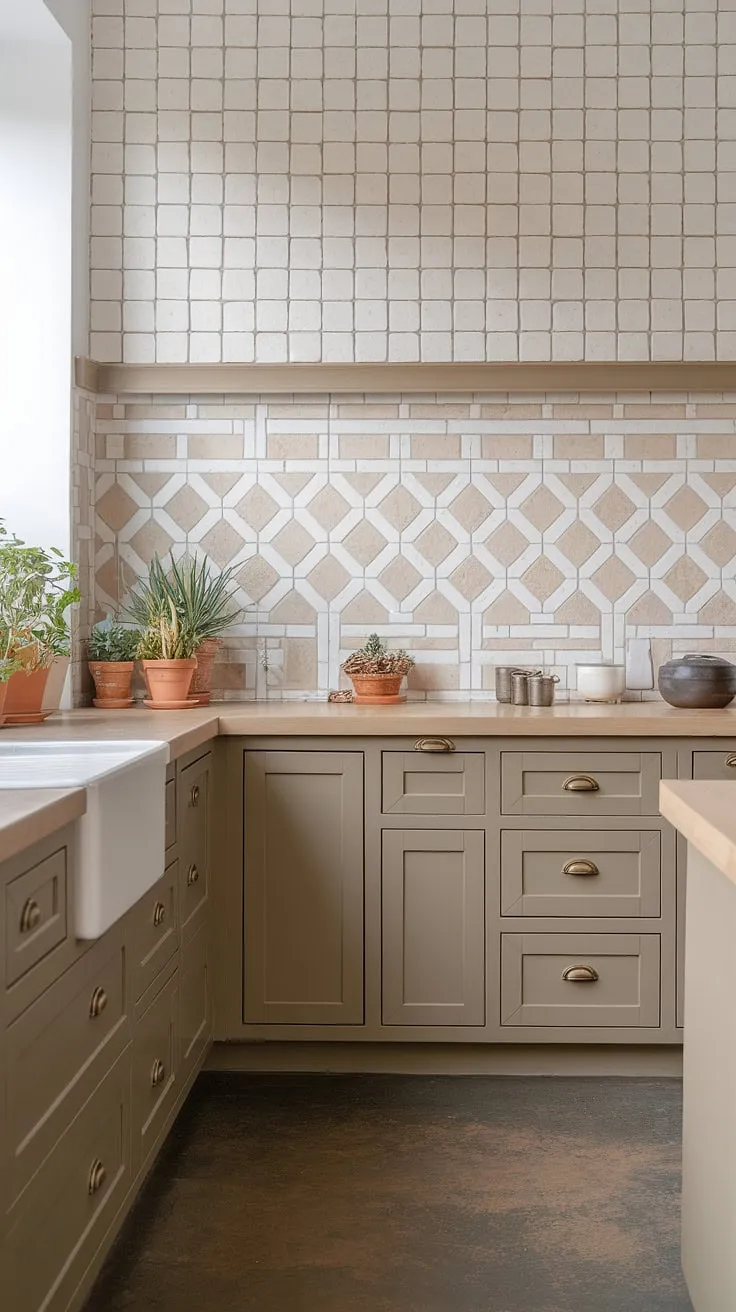 This neutral kitchen features tan cabinets paired with a patterned greige backsplash, light wood countertops, and dark grey concrete flooring, making it a perfect example of stylish farmhouse backsplash ideas.