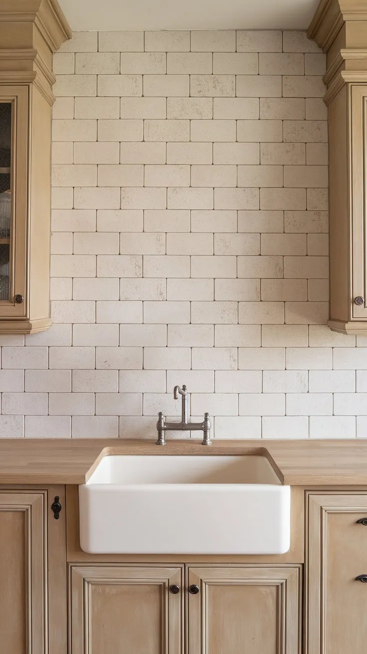 The large white beveled tiles of the neutral backsplash extend to the ceiling, harmonizing beautifully with the tan cabinets and light wood countertops in this inviting farmhouse kitchen.