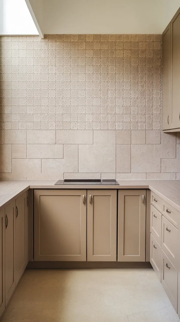 This kitchen features a neutral greige backsplash that beautifully complements the tan cabinets and light wood countertops, creating a harmonious space filled with natural light.