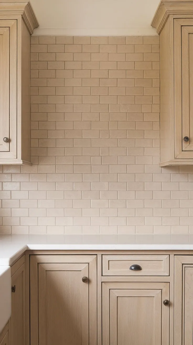 The harmonious design showcases a beige backsplash that pairs perfectly with light wood cabinets, creating a stylish backdrop for a modern farmhouse kitchen.