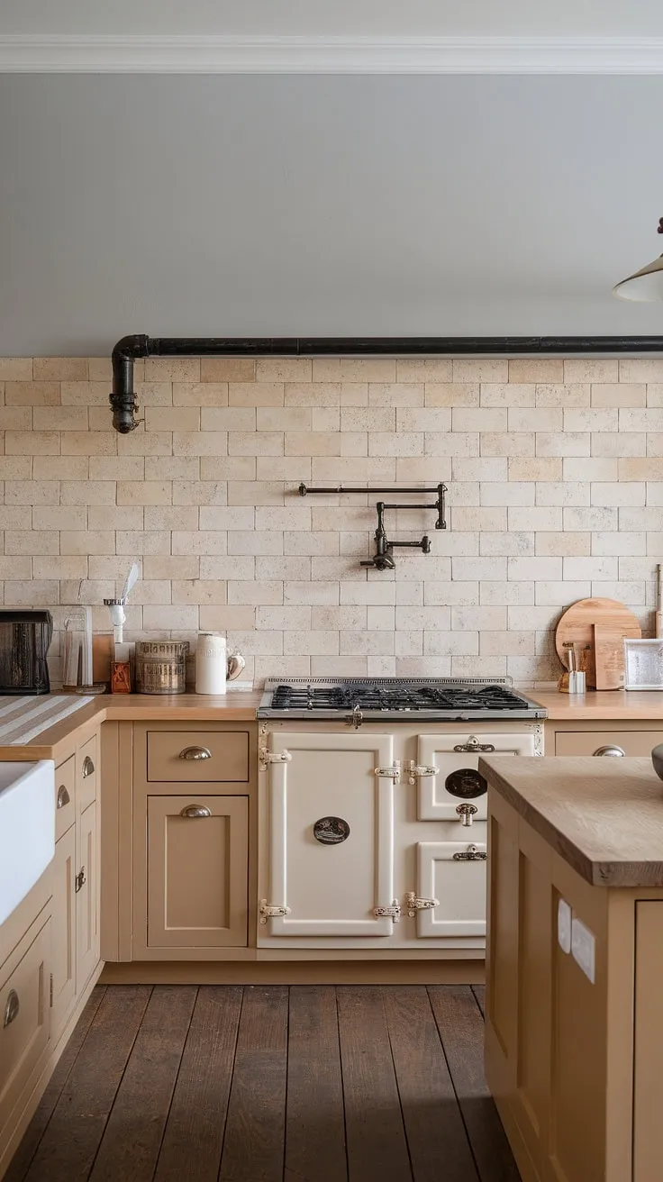 This kitchen features a neutral backsplash of textured beige tiles that beautifully complements the tan cabinets and light wood countertop, creating a harmonious look with farmhouse backsplash ideas.