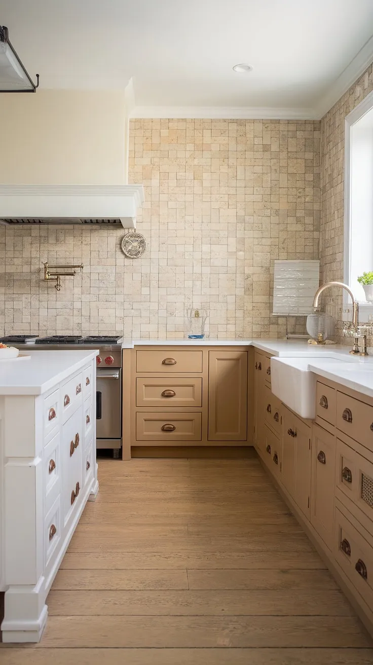 The beige and grey tiled splash back enhances the charm of the white island and pairs perfectly with the light wood flooring and tan cabinetry.
