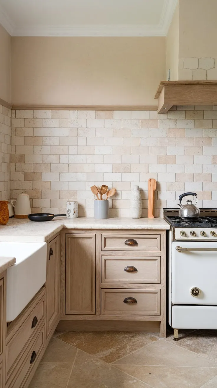 The charming kitchen showcases a neutral backsplash with a farmhouse flair, paired with tan and light wood cabinets, enhancing the overall aesthetic with its white and beige tiled splash back.