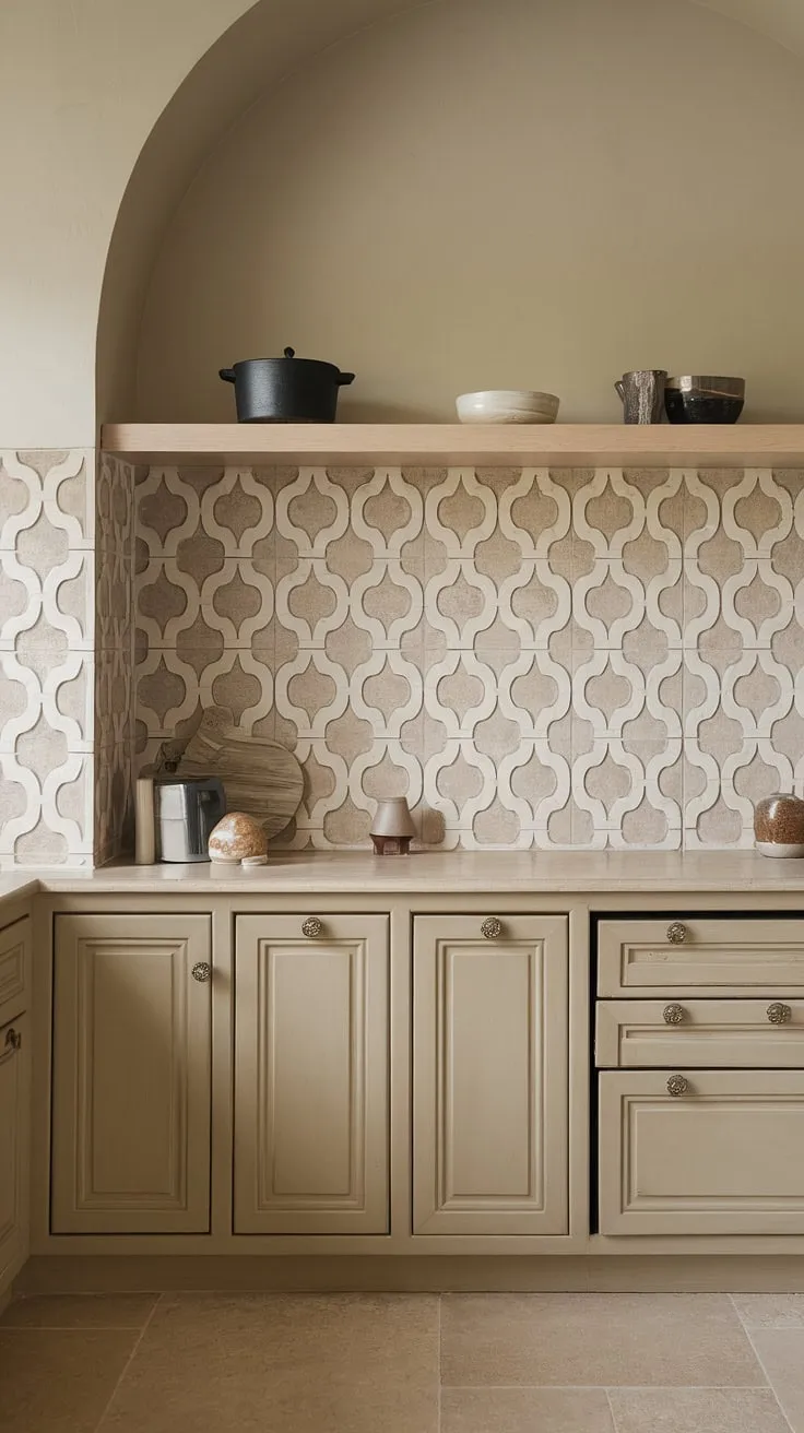This kitchen features a neutral backsplash with a beige and grey pattern, perfectly complementing the tan cabinets and light wood shelf, making it an ideal choice for farmhouse backsplash ideas.