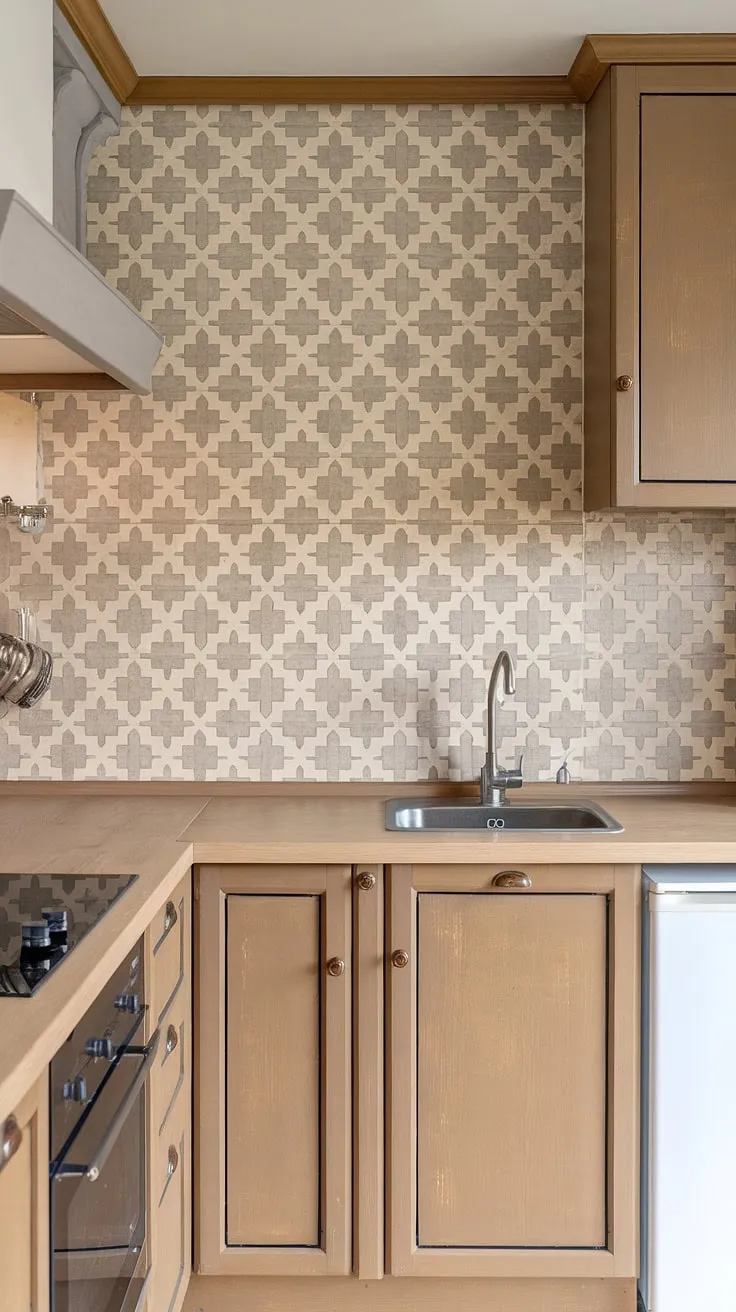 This kitchen features a neutral backsplash with beige and grey patterned tiles, perfectly complementing the tan farmhouse cabinets and light wood countertops.