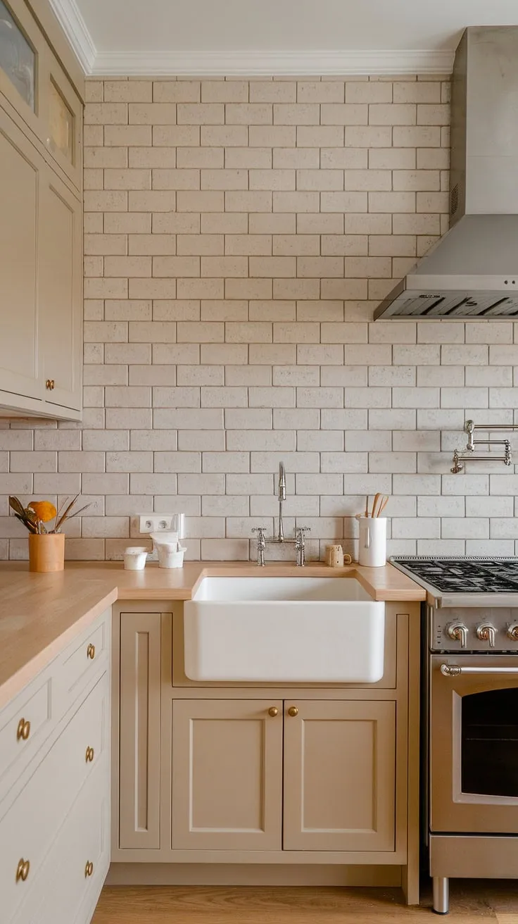 This kitchen features a neutral backsplash with a light grey brick pattern, perfectly complementing the tan cabinets and light wood countertops, ideal for farmhouse backsplash ideas.