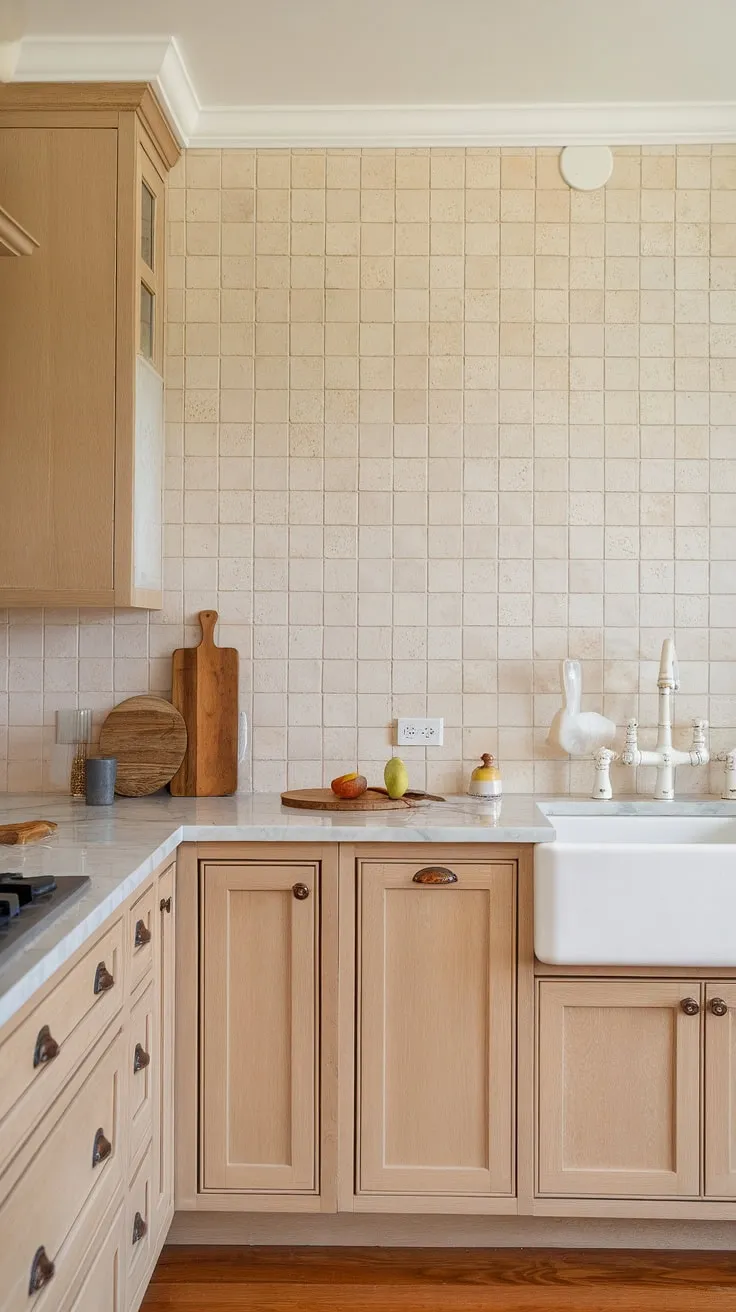 The textured beige tiles of the neutral backsplash enhance the light tan cabinets and white marble countertops, making it a perfect example of stylish kitchen backsplash ideas.