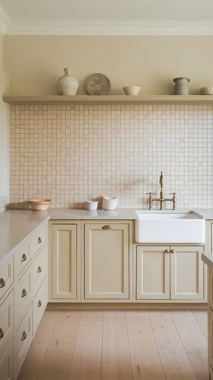The combination of a textured beige backsplash and light tan cabinets creates a warm and inviting atmosphere in this kitchen, enhanced by light wood flooring and a stylish farmhouse sink.