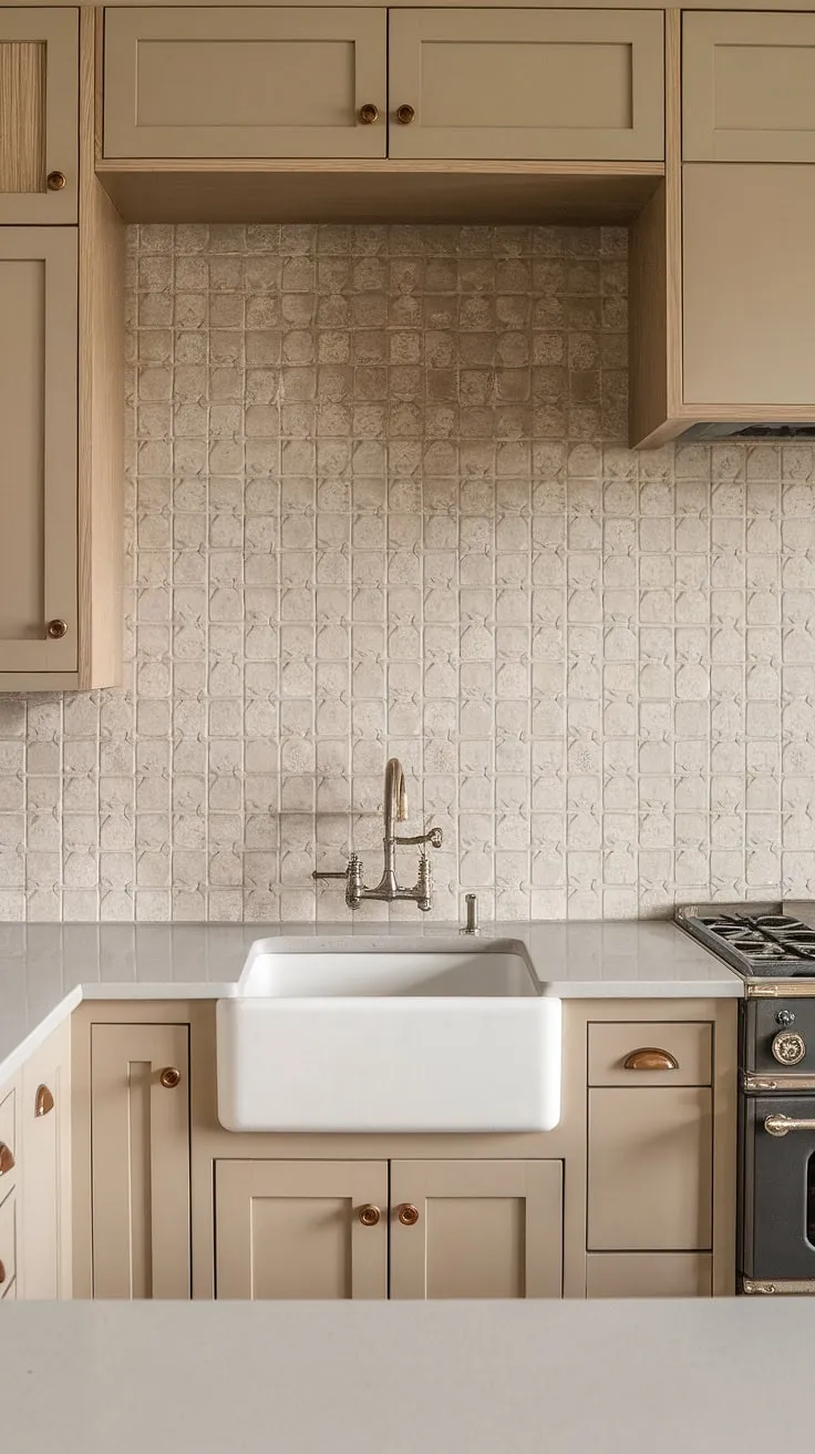 Featuring a subtle patterned backsplash, this kitchen blends greige tiles with tan and light wood cabinets, perfect for a stylish farmhouse look.