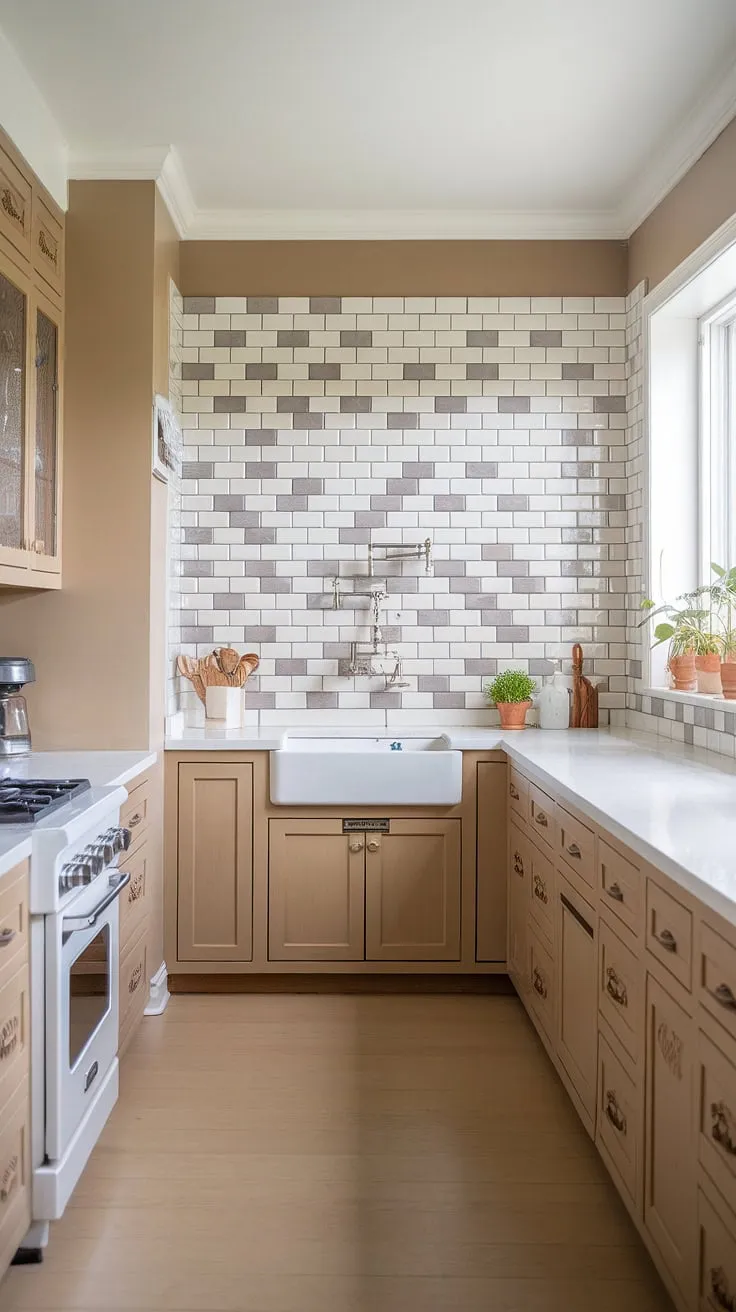The kitchen showcases a neutral backsplash with a chic subway tile design, paired with tan and light wood cabinets, perfectly blending farmhouse charm with modern aesthetics.