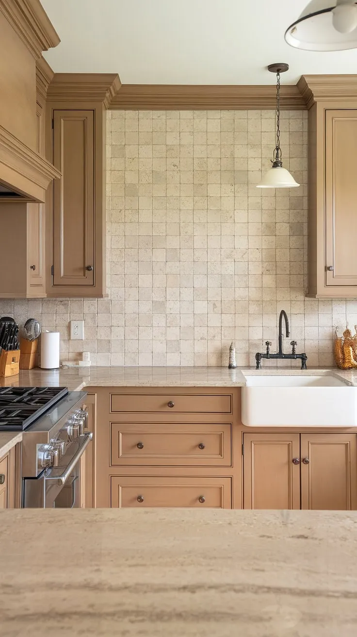 The warm beige cabinets and patterned backsplash create a harmonious look in this kitchen, enhanced by light wood accents and a stylish farmhouse sink.