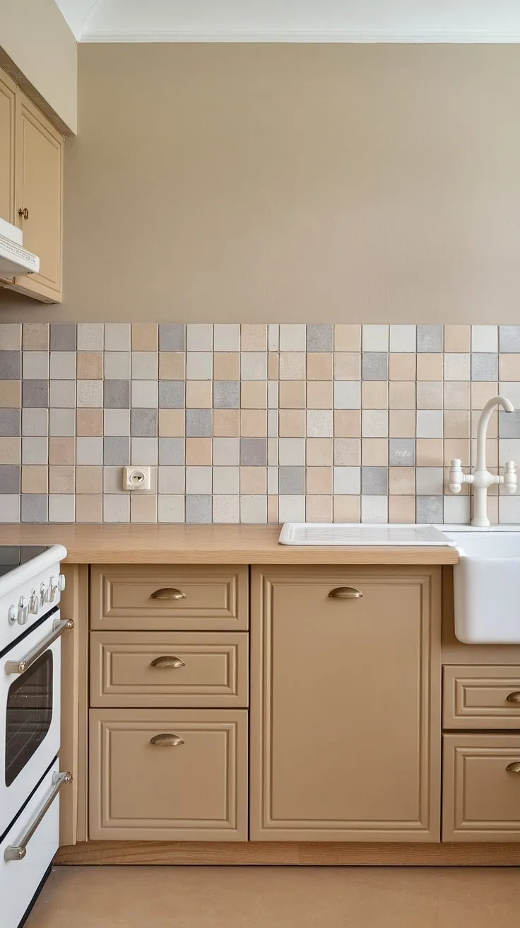 The kitchen showcases tan cabinets and a chic backsplash in beige, gray, and white, harmonizing beautifully with light wood countertops and a warm beige tile floor.