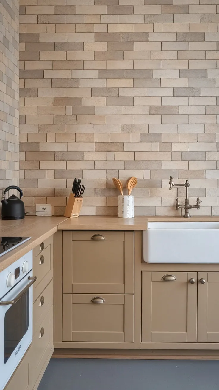 This kitchen features a neutral backsplash with a beige and grey brick pattern, perfectly complementing the tan farmhouse cabinets and light wood countertops.