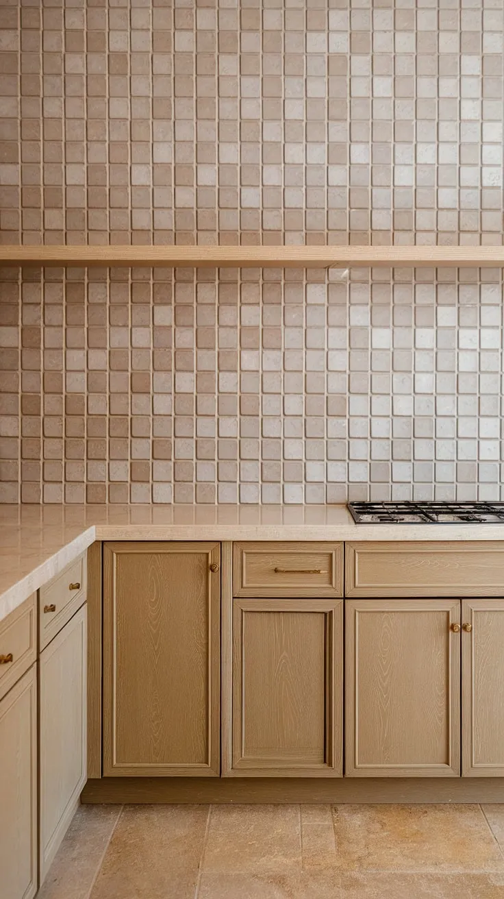 This kitchen features a neutral backsplash of textured beige tiles that beautifully complements the tan cabinets and light wood shelf, making it a perfect example of stylish backsplash ideas for light wood and maple cabinets.