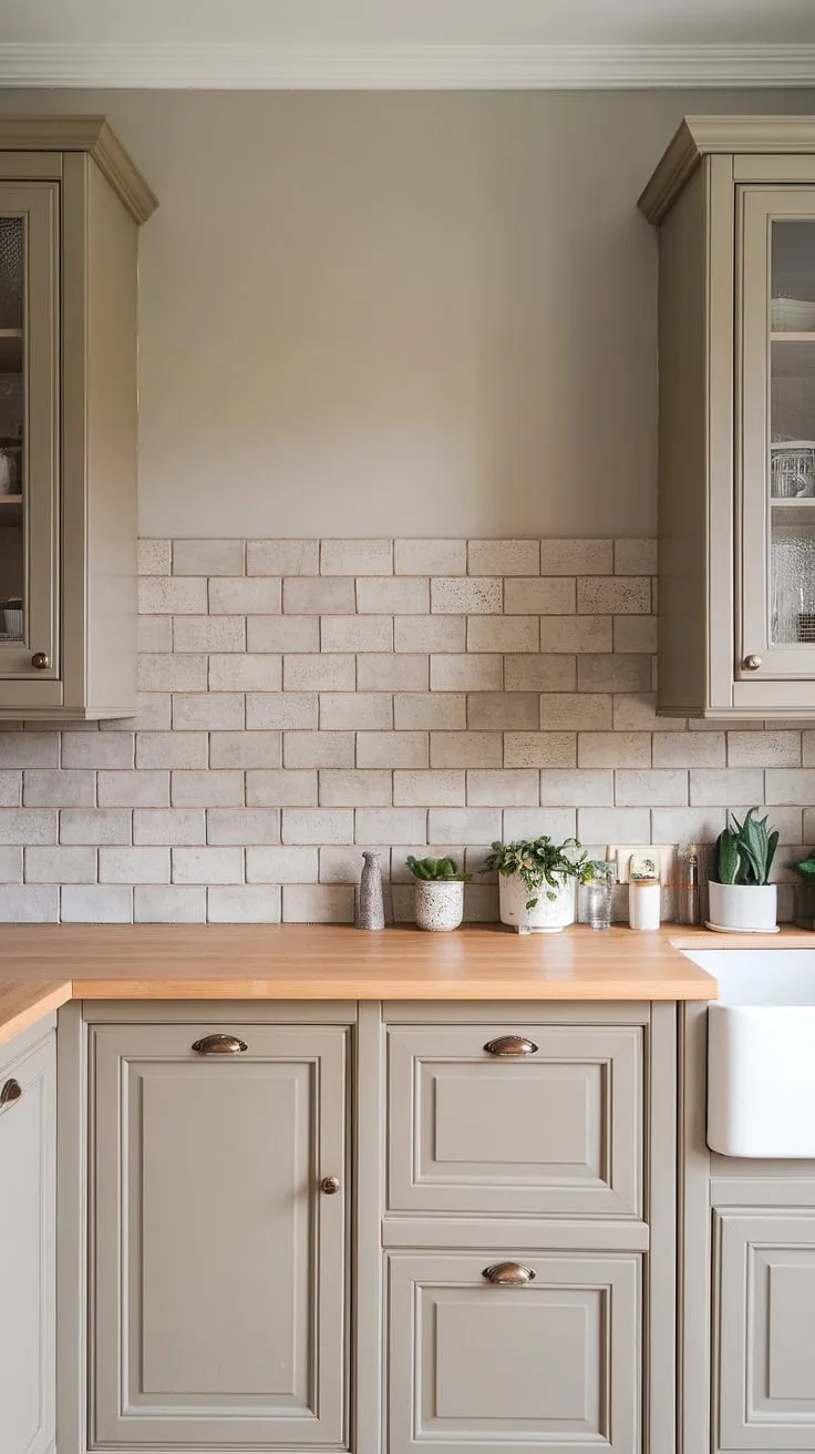 The kitchen showcases a stylish backsplash of grey tiles against tan cabinets and light wood countertops, creating a cohesive farmhouse aesthetic.