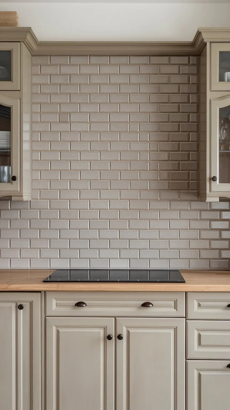 The greige tiled backsplash extends to the ceiling, harmonizing perfectly with the tan cabinets and light wood countertops for a fresh farmhouse kitchen look.