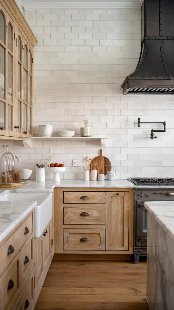 This neutral kitchen features a stunning white subway tile backsplash that beautifully complements the tan cabinets and farmhouse sink, creating a harmonious blend with light wood accents and a rustic charm.