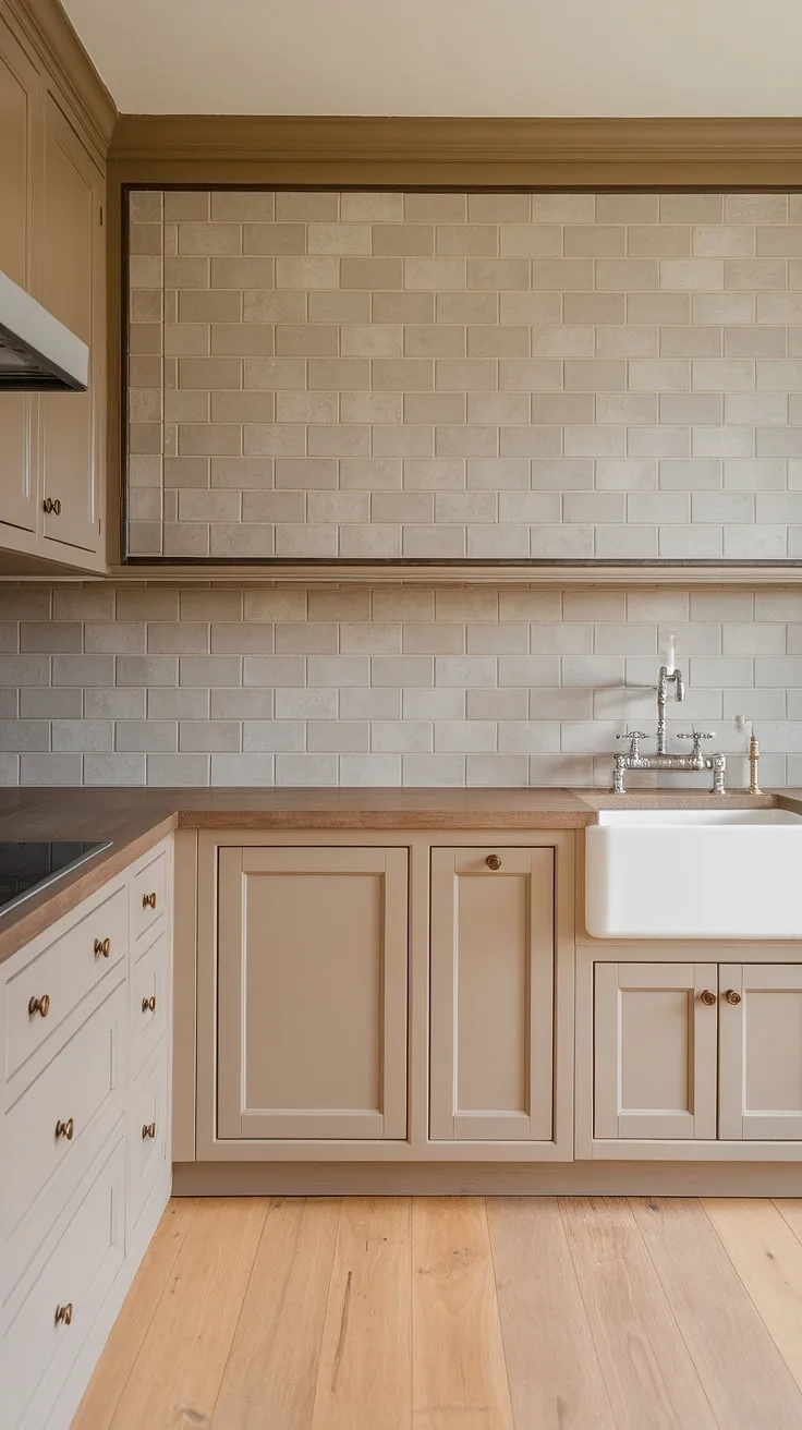 Featuring a stylish greige backsplash with tan cabinets and light wood accents, this kitchen embodies modern farmhouse elegance.