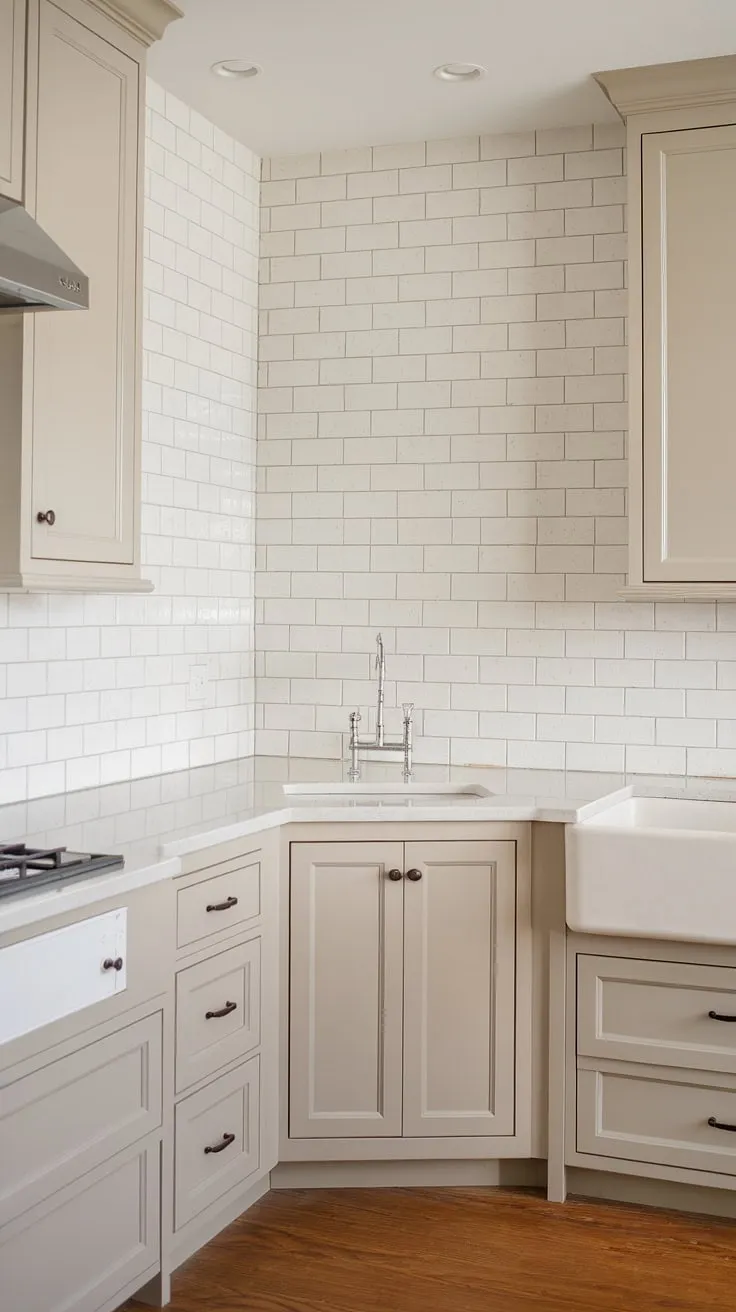 This stunning kitchen features a neutral backsplash of white subway tiles that beautifully complements the greige cabinets and light wood flooring, making it a perfect example of farmhouse backsplash ideas.