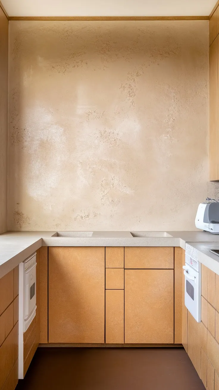 The light beige textured backsplash pairs perfectly with warm tan cabinets and light gray countertops, offering a stylish solution for kitchen backsplash ideas with maple or white cabinets.