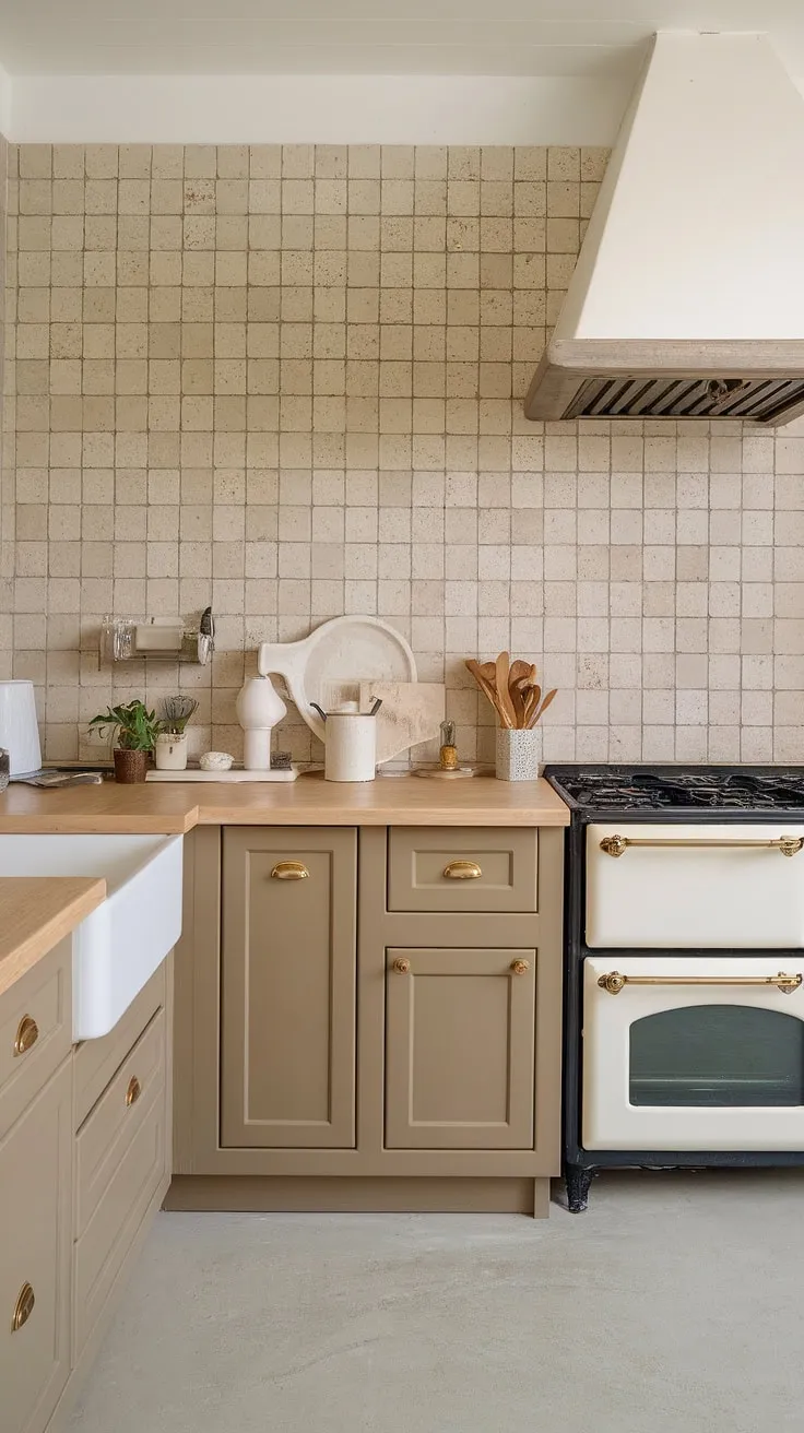 The stylish neutral backsplash, combining beige and grey tiles, enhances the tan cabinets and light wood countertop in this inviting kitchen.