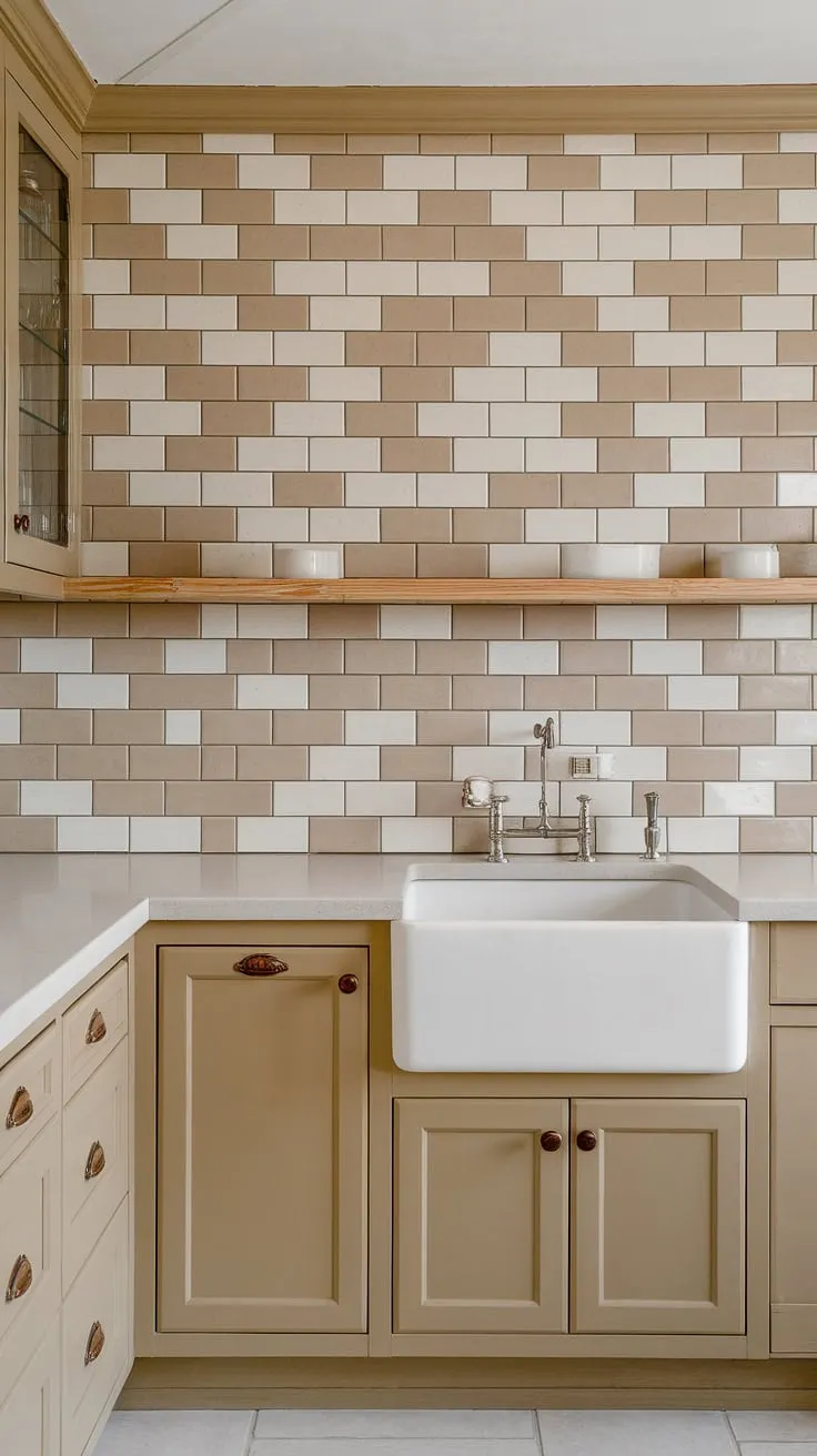 With its beige and white tiled splash back, this kitchen showcases a harmonious blend of tan cabinets and light wood elements, ideal for those seeking backsplash kitchen ideas with maple or greige cabinets.