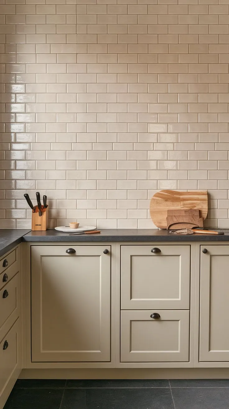 This kitchen features a neutral backsplash of beige subway tiles that beautifully complements the light beige cabinets and dark gray countertop, making it an ideal choice for those seeking backsplash ideas for tan, greige, or light wood cabinets.