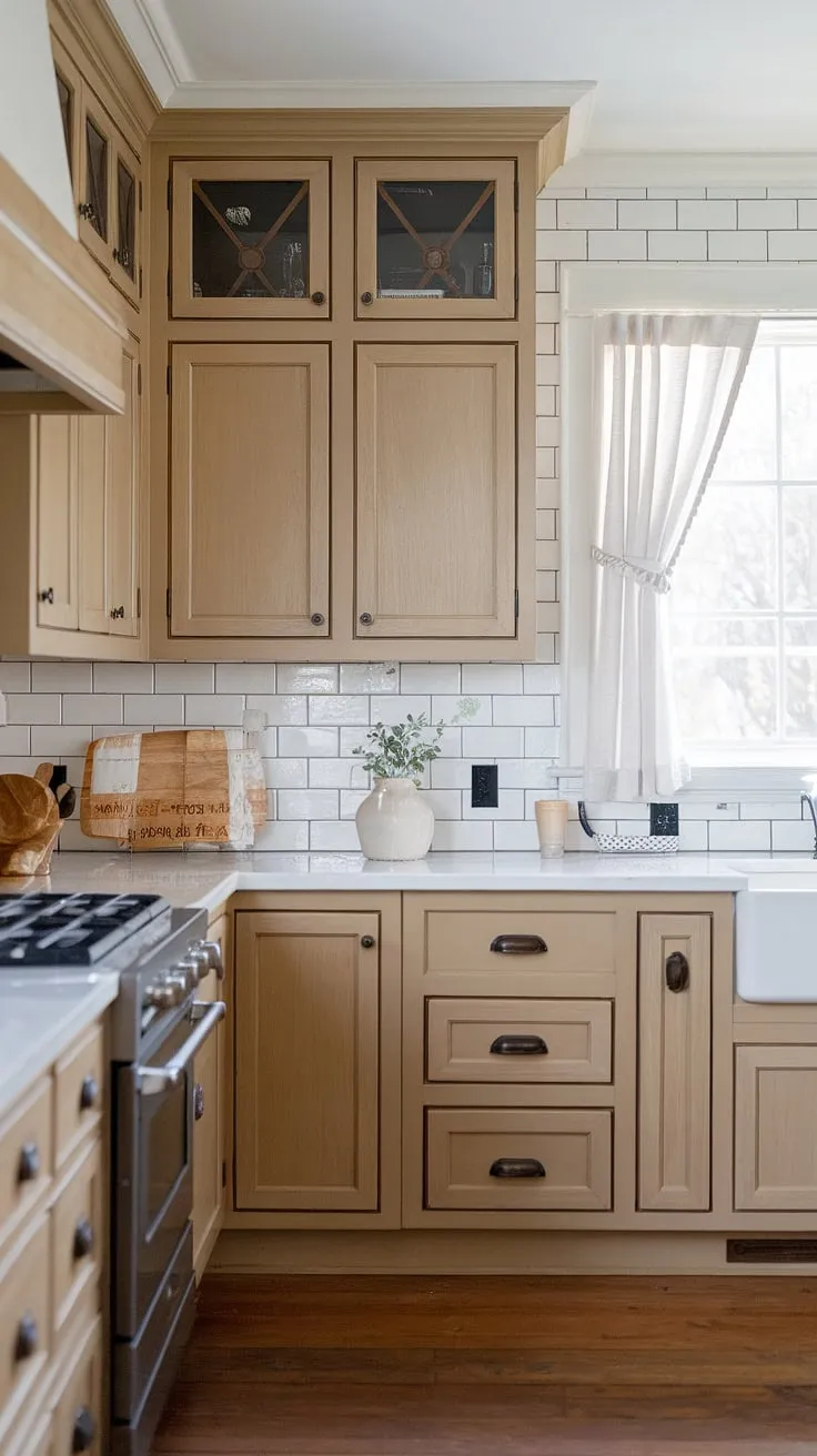 The combination of a neutral backsplash and tan cabinets, along with light wood accents, enhances the charm of this farmhouse kitchen.