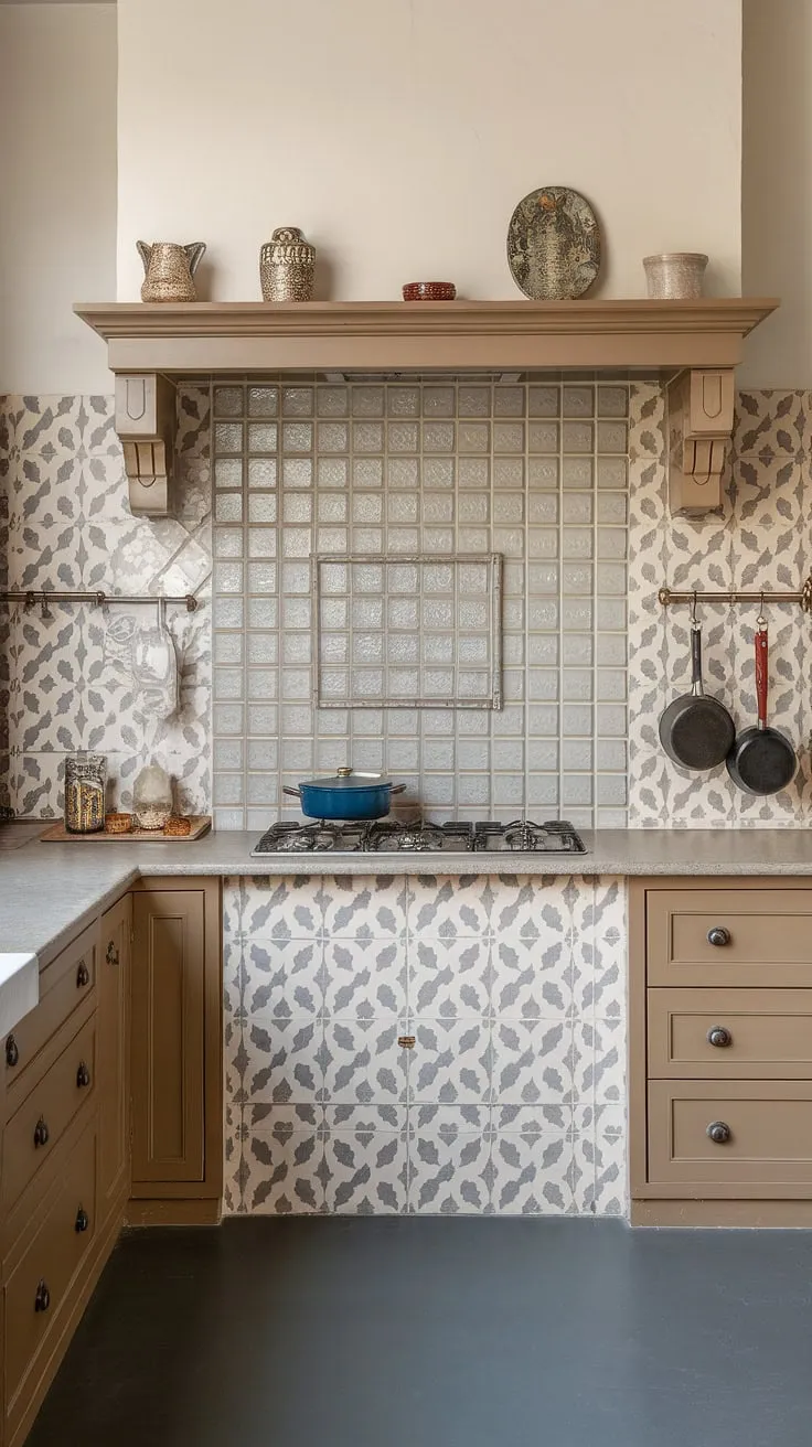 This kitchen features a neutral backsplash with beige and grey patterned tiles that beautifully complement the tan cabinets and light grey countertops, creating a stylish backdrop for farmhouse backsplash ideas.
