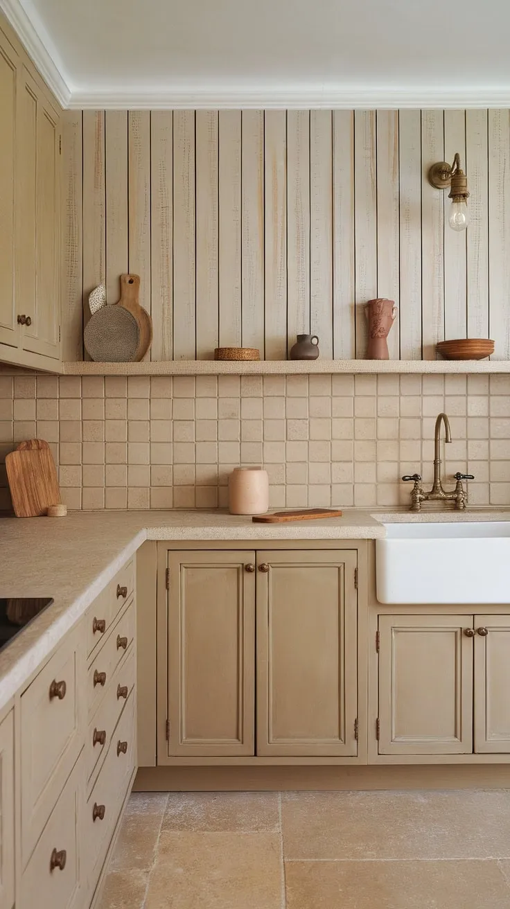 This neutral kitchen features a stunning backsplash of light wood and beige tiles, perfectly complementing the tan cabinets and creating a warm farmhouse vibe.
