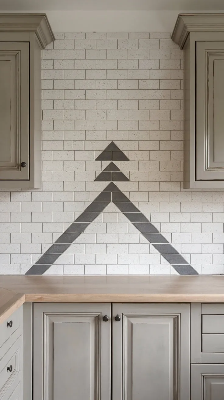 Featuring a striking combination of white and dark gray tiles, this neutral kitchen with greige cabinets and light wood countertops highlights creative backsplash ideas that enhance the overall aesthetic.