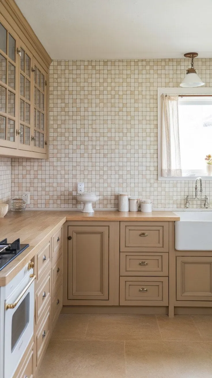 This kitchen exudes inviting tranquility with its warm beige tones, light wood accents, and serene natural light, creating a stylish farmhouse retreat.