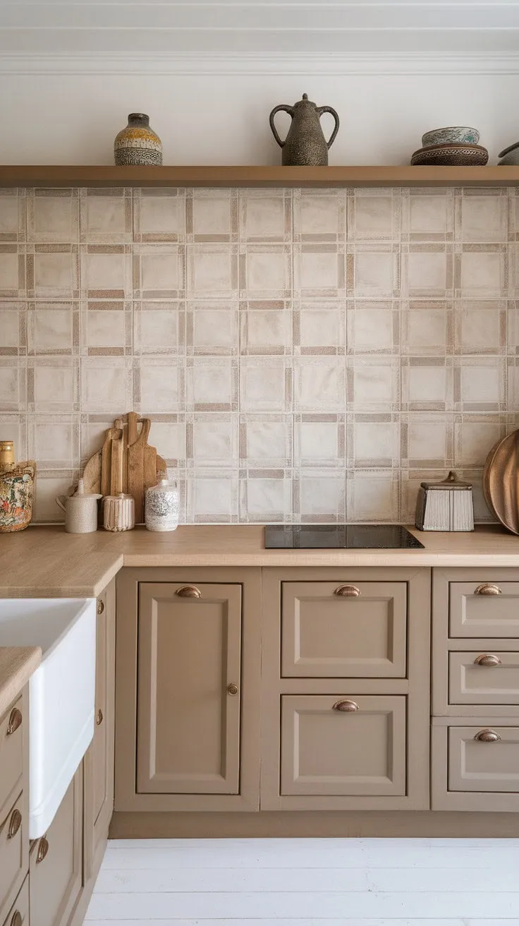 This farmhouse kitchen exudes understated elegance with its serene beige and grey backsplash, warm light wood accents, and bright white tile floor.