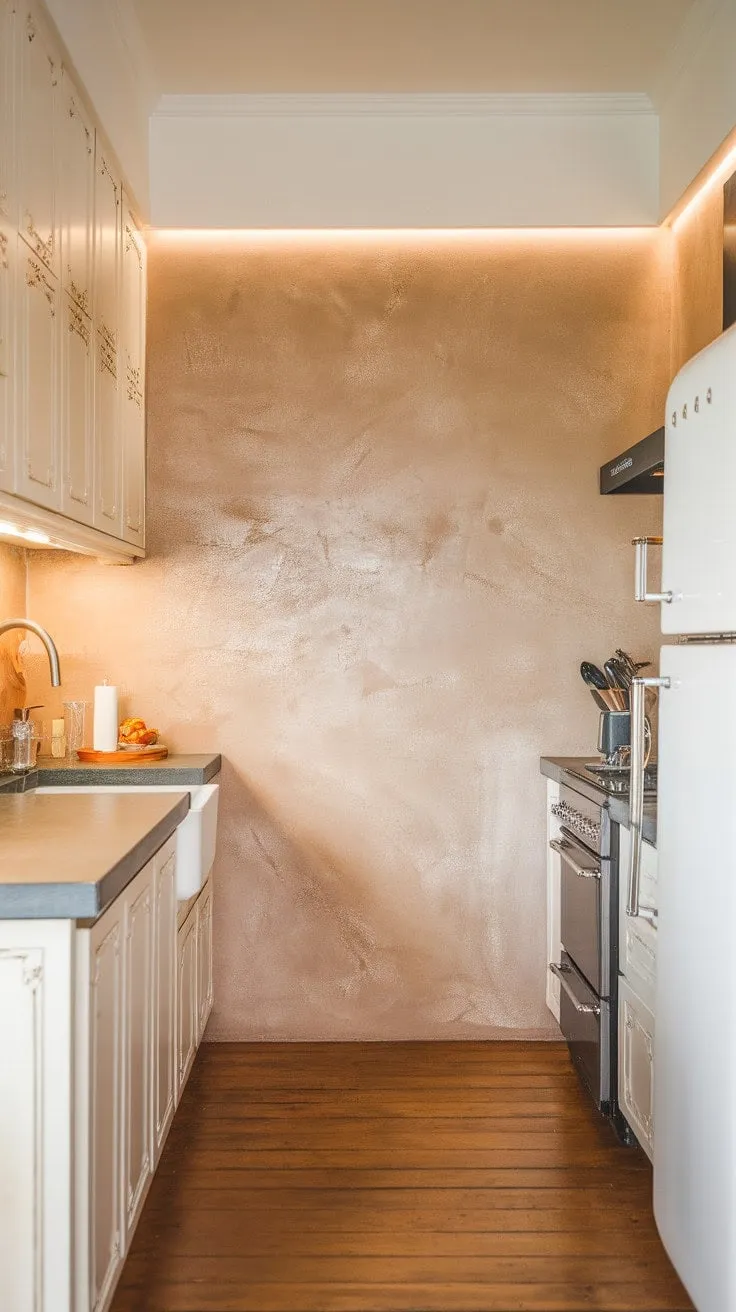 Bathed in warm light, this elegantly inviting kitchen with a beige backsplash and rich wood floors exudes a calming atmosphere ideal for culinary creativity.