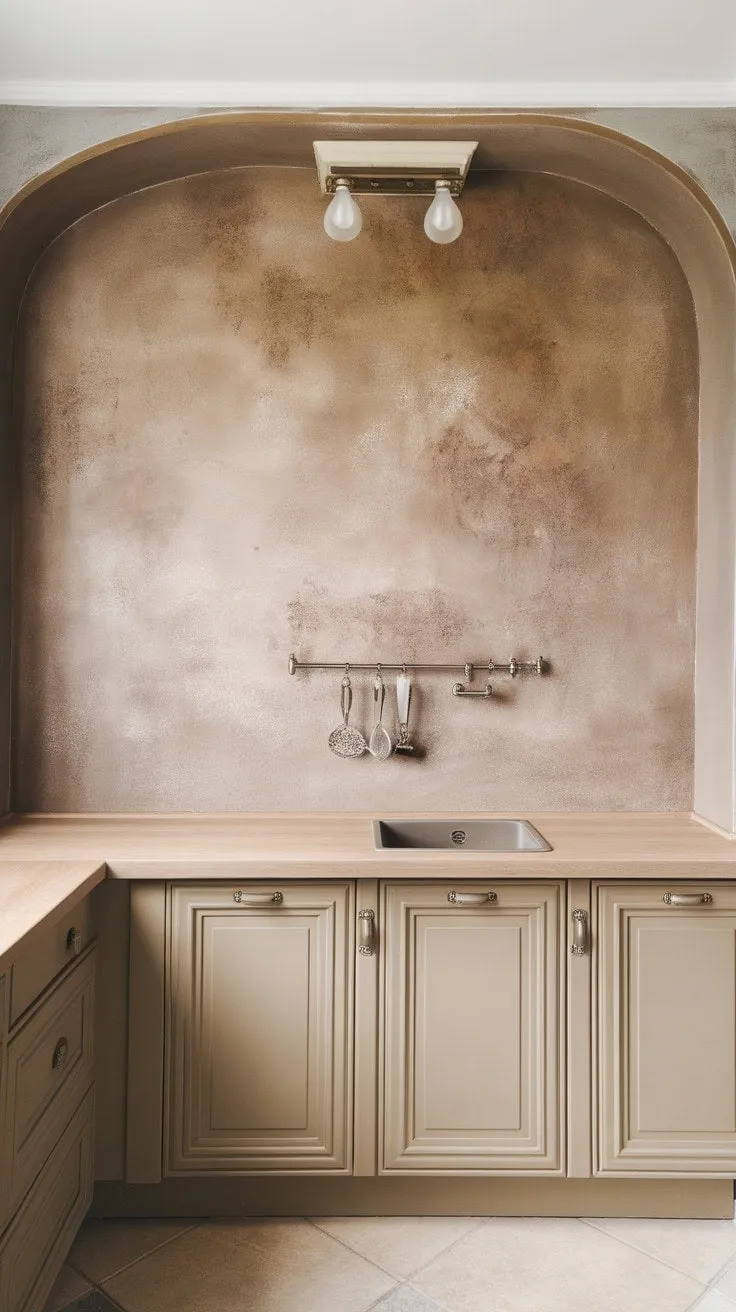 This kitchen harmoniously combines a calming greige backsplash and warm tan cabinets with light wood countertops, embodying a chic fusion of rustic texture and modern minimalism.