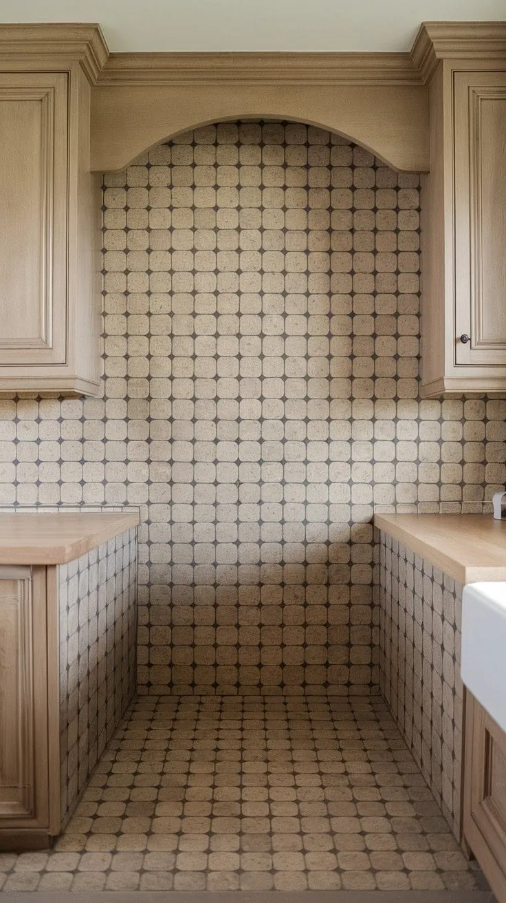 This kitchen masterfully combines a chic greige backsplash with warm tan cabinets and light wood countertops, proving that subtle details can transform a neutral palette into a captivating space.
