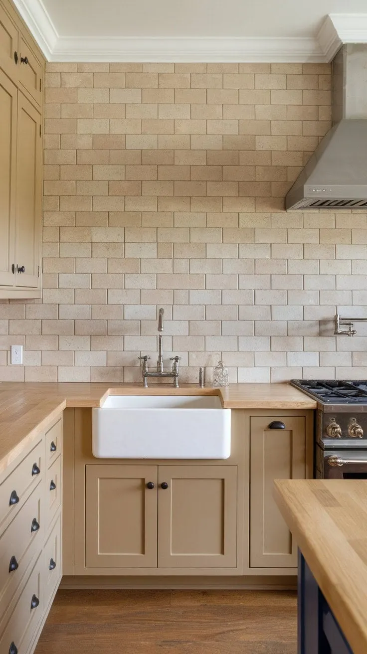 This kitchen harmoniously combines warmth and functionality with its neutral tones, inviting textures, and charming farmhouse features, making it an ideal space for culinary creativity.