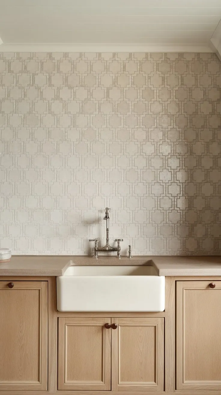 This kitchen blends serene beige and white patterns with light wood cabinets and a rustic farmhouse sink, crafting an inviting and effortlessly chic atmosphere.
