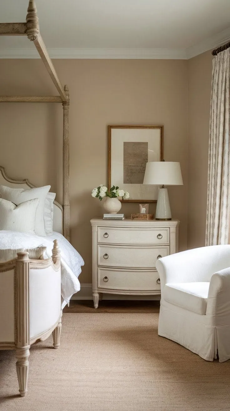 In this tranquil sanctuary of soft beige walls and crisp white linens, gentle light filters through the window, creating an idyllic retreat for drifting off to sleep.