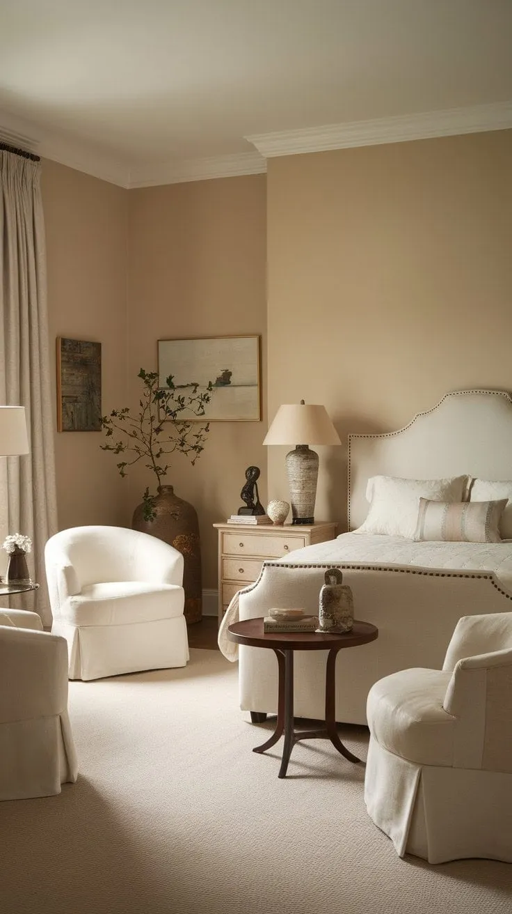 A serene retreat adorned with soft beige walls and crisp white linens, where gentle lamp light invites restful nights and rejuvenating mornings.