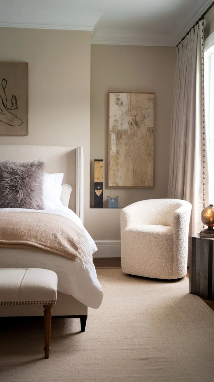 This elegantly styled bedroom, bathed in warm light and soothing neutrals, invites you to unwind in its serene sanctuary of calm.