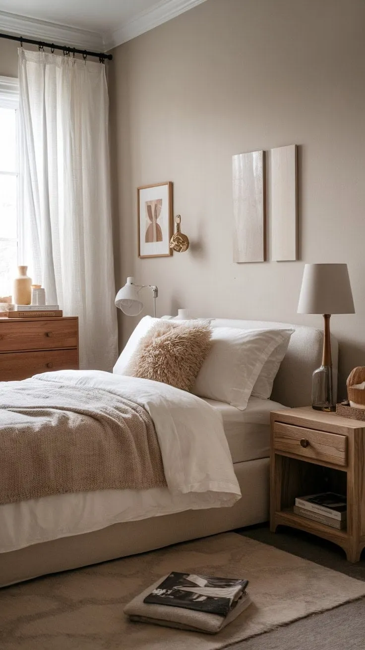 Experience tranquil slumber in a minimalist haven where cozy comfort and soft textures harmonize with elegant simplicity.