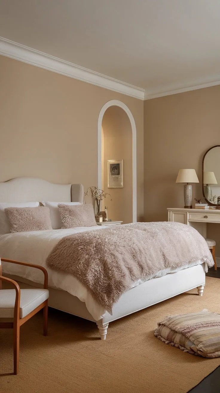 With soft beige walls and a plush rug, this primary bedroom decor exudes warmth and tranquility, making it an ideal cozy haven.